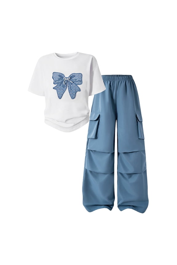 Girls Two Piece Outfits Girls Sweet Style Outfit Bow Print Top + Multi Pocket Wide Leg Cargo Pants(13-14 Years,Blue)