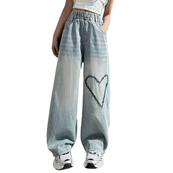 GXWEA Heart Pants Girls Clothes Size 14-16 Girls Jeans Pants Wide Leg/Flare/Skinny Denim Pant High Waist Elastic Band Casual With Pockets Kids 9-10 Years