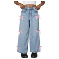 thumbnail image 1 of GXWEA Jeans For Girls 12-14 Jeans Girls Girls Jeans Wide Leg Baggy Pants High Elastic Waisted Cute Bow Trousers Kids Streetwear Blue 8-9 Years, 1 of 9
