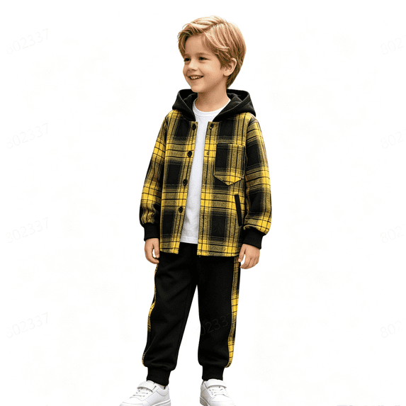 GXWEA Kids Boys Plaid Shirt Tops Pants Set Hoodie Sweatsuit for Winter Outfits