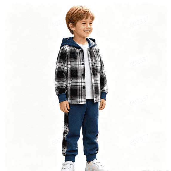 GXWEA Kids Boys Plaid Shirt Tops Pants Set Hoodie Sweatsuit for Winter Outfits