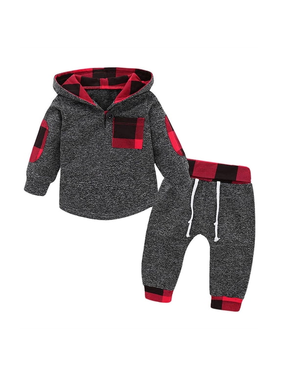 Kids Plaid Patch Hooded Half Button Sweatshirt Drawstring Jogger Pants 2Pcs Cool Spring Casual Suit(18-24 Months)