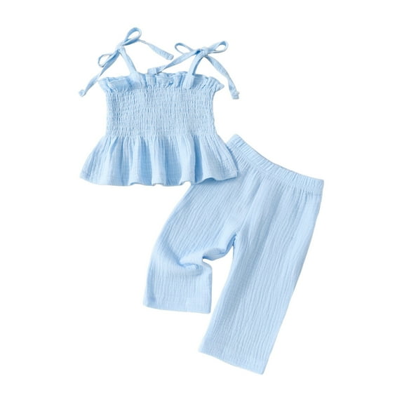 GXWEA Outfits For 1 Year Old Girl Girls 4T Outfits Baby Toddler Girls Clothes Solid Color Sleeveless Camisole Linen Pants Set Baby Summer Outfits Blue 9-12 Months