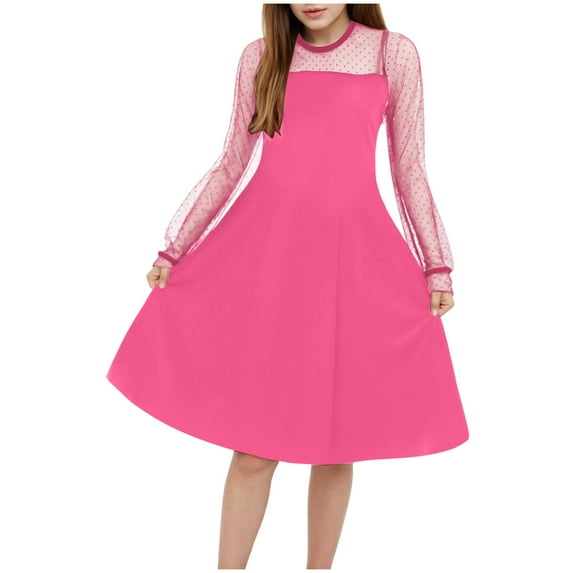 GXWEA Semi Formal Dresses For Teens Tween Dresses Formal Girl's Contrast Mesh Puff Long Sleeve High Waist A Line Short Dress Hot Pink 13-14 Years
