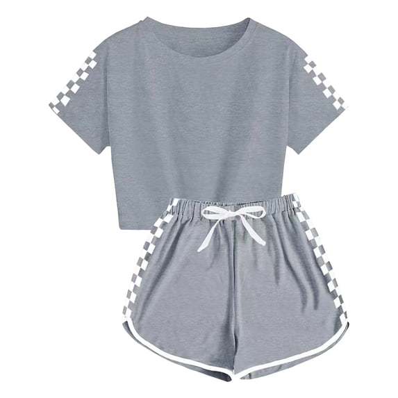 GXWEA Summer Clothes For Girls Girls' Clothing Sets Kids Summer Sport T-Shirt And Shorts Set Plaid Print Clothing Sets Tracksuit 13-14 Years Grey