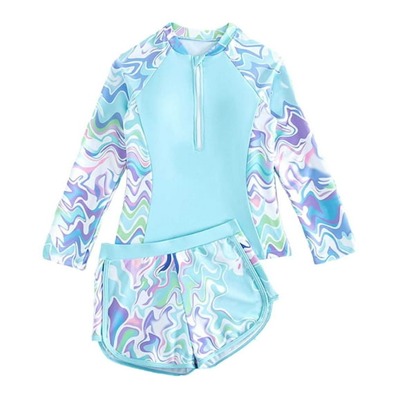 GXWEA Swimming Suit For Girls Toddler Swimsuit Girl Toddler Girls Long Sleeve Swimsuits Girl Swimwear Little Girls Swimsuits 2 Pieces Toddler Rash Guard Swimsuit Print Blue 9-10 Years