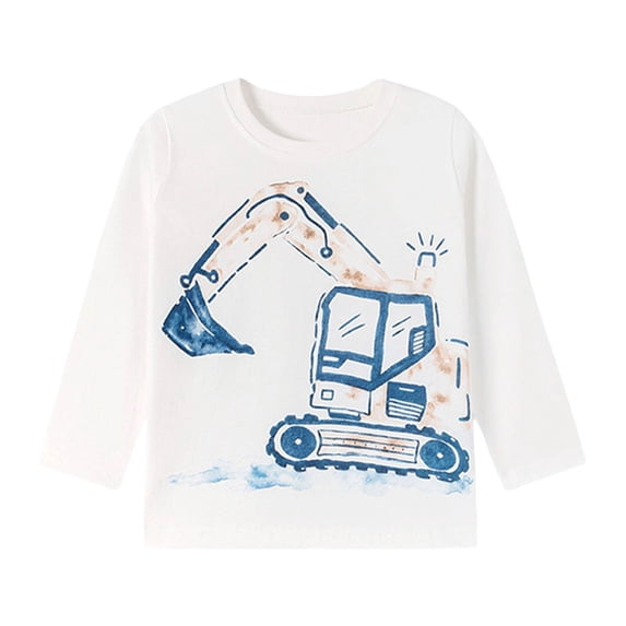 GXWEA Boys Tshirts Boys Vehicle Print Long Sleeve Tees Crew Neck Pocket Basic Shirts Breathable Undershirts for Spring Fall(White,3 Years)