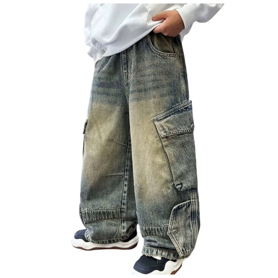 GXWEA Teen Boy Jeans Boys Vintage Wash Cargo Wide Leg Denim Pants Kids Multi Pocket Loose Jeans Fall Street Outfit(Blue,13-14 Years)