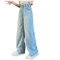 thumbnail image 1 of GXWEA Teen Girls Light Wash Heart Embroidery Wide Leg Jeans Elastic High Waist Stretch Spring Street Casual Pants(5-6 Years), 1 of 8