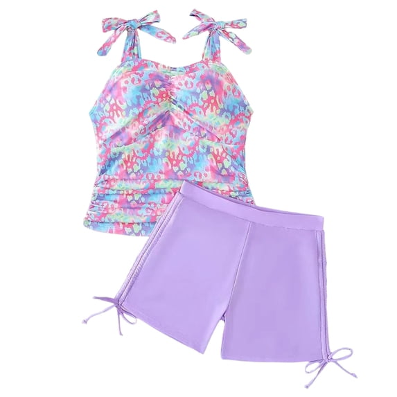 GXWEA Teen Swimsuits For Girls 14-16 Girls Swimsuit 2 Piece Girls Tankini Swimsuit Drawstring Printed Swim Shorts Girl Bathing Suit(Purple,15-16 Years)