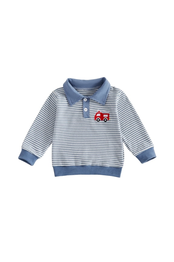 Shirts For Boys Infant Baby Striped Long Sleeve Polo Shirts Embroidery Car Pattern Tops Stretchy Waffle Pullover for Spring Fall(Blue,18-24 Months)