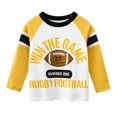 thumbnail image 1 of GXWEA Boys Long Sleeve Shirts Kids Rugby Letter Graphic 3/4 Sleeve Raglan T-Shirt Striped Crew Neck Tops Casual Pullover for Spring Autumn（Yellow,4-5 Years）, 1 of 8