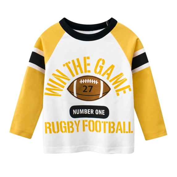 GXWEA Boys Long Sleeve Shirts Kids Rugby Letter Graphic 3/4 Sleeve Raglan T-Shirt Striped Crew Neck Tops Casual Pullover for Spring Autumn(Yellow,4-5 Years)