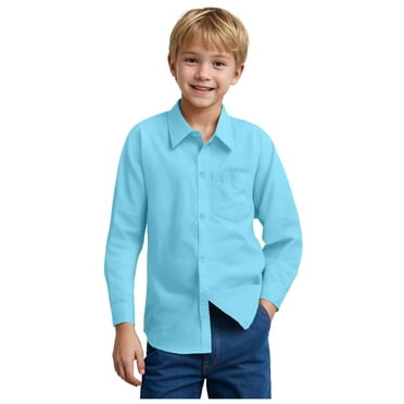 GXWEA White Button Up Black Long Sleeve Shirt Boys' Long Sleeve Solid Button-Down Collared Polyester Shirt With Chest Pocket Sky Blue 8-9 Years