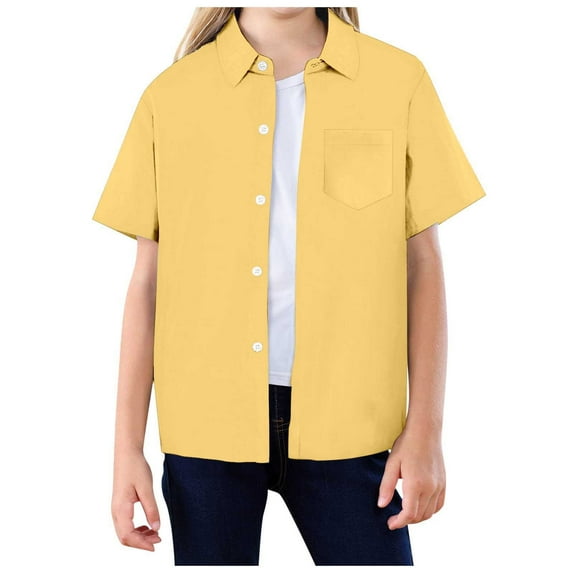 GXWEA White Dress Shirt Boys Boys' Button-Down Shirts Boys Dress Shirts Button Down Short Sleeve Shirt Kids Summer Casual Shirts With Pockets Yellow 14-15 Years