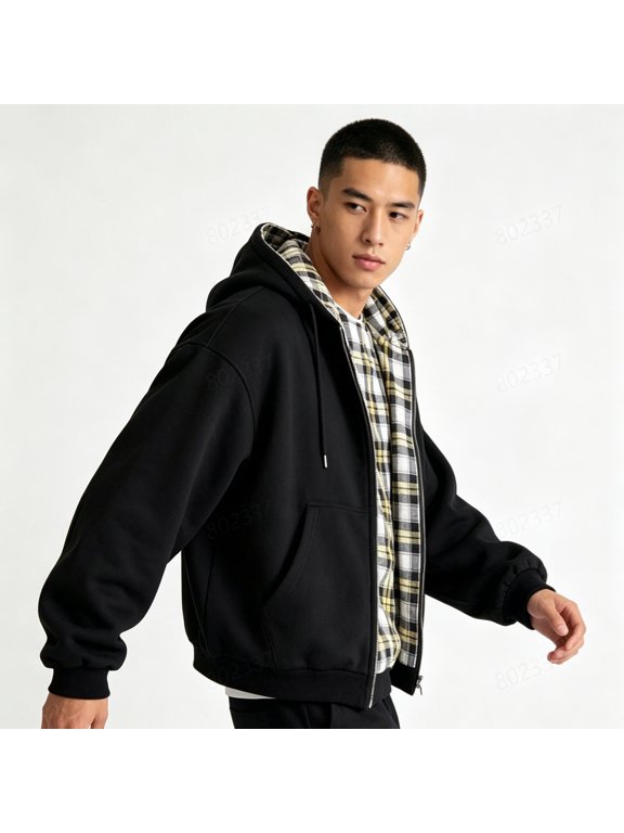 Zip Up Hoodie Men Men Reversible Hooded Plaid 2 Side Wear Zip Up Coat