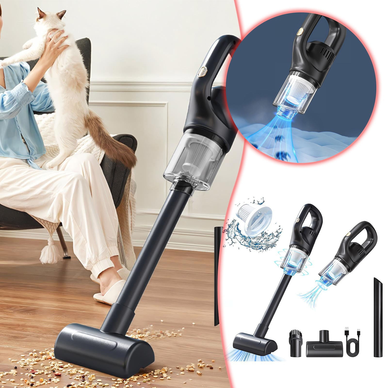 Portable Handheld Car Vacuum Cleaner – 9000Pa Suction, 4000mAh Battery, Wet/Dry Use, With LED Light & Nozzles