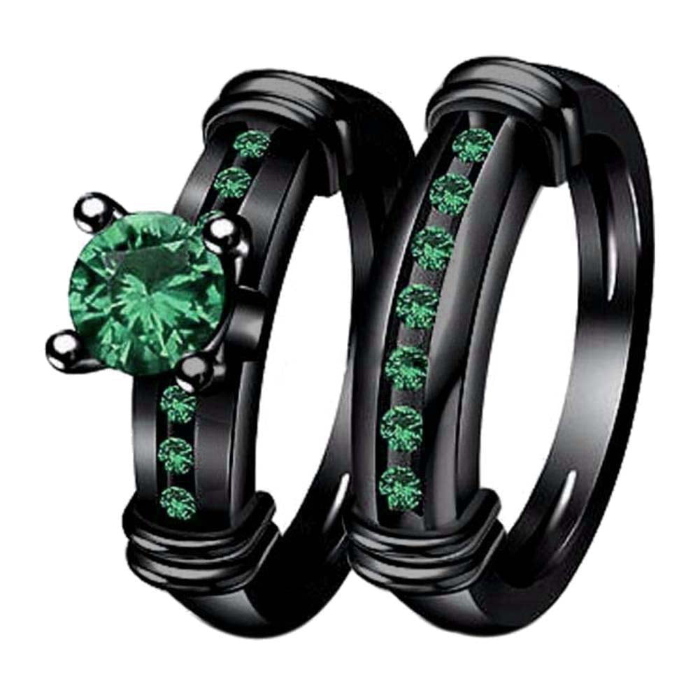 GY 2pcs Black Gold Plated Green 1CT CZ Women Wedding Ring Sets for ...