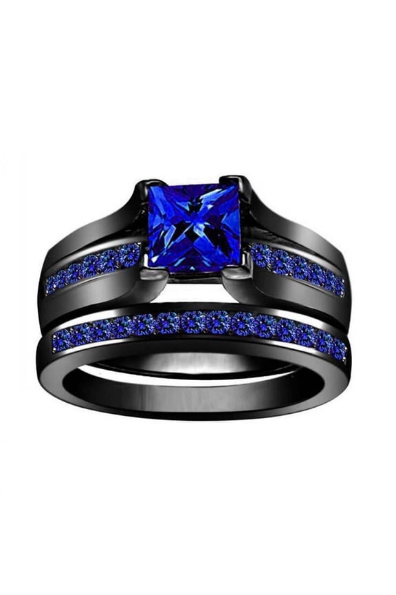 2pcs Black Gold Plated Princess cut Blue 1CT CZ Women Wedding Ring Sets for Woman Engagement Ring