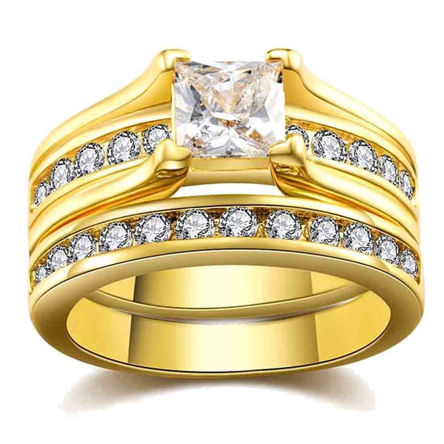 GY 2pcs Yellow Gold Plated Princess cut 1CT CZ Women Wedding Ring Sets ...