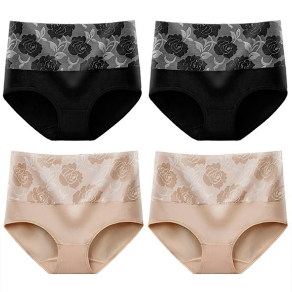 G&Y Women's Cotton High-Waist Tummy Control Underwear, 4-Pack, Black, Beige