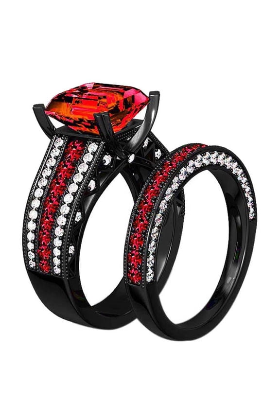 GY Black Gold Plated Red 1.5CT CZ Women Wedding Ring Sets 2pcs Engagement Ring for Woman
