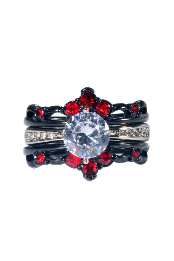 GY Black Gold Plated Red 1CT CZ Women Wedding Ring Sets 3pcs Engagement Ring for Woman