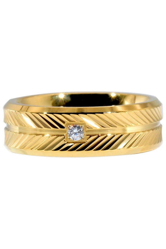 Jewelry Feather design Yellow Gold Plated CZ Titanium Steel Mens Ring Men Wedding Band Man Ring