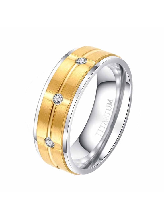 Matte Yellow Gold Plated 8mm Titanium Steel Mens Ring Men Wedding Band AAA CZ Man Ring