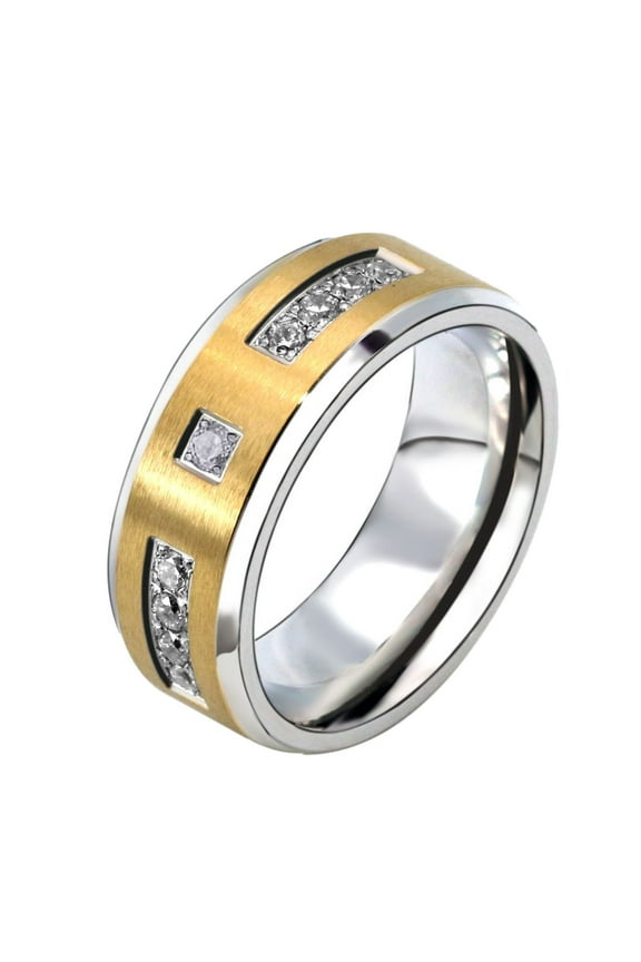 Yellow Gold Plated AAA CZ Matte 8mm Titanium Steel Ring for Men Wedding Band Man Ring