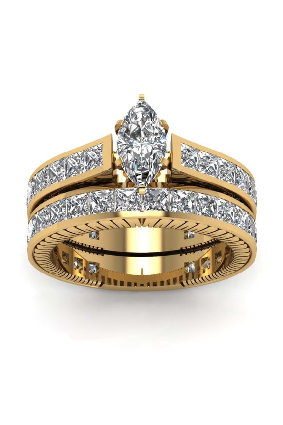 Yellow Gold Plated Marquise cut AAA CZ 2pcs Womens Wedding Ring Sets Bridal Sets