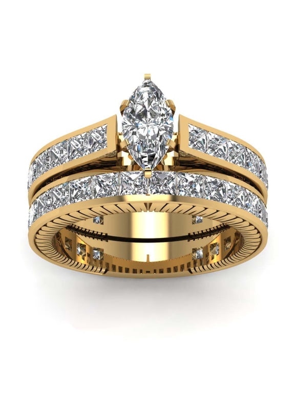 Yellow Gold Plated Marquise cut AAA CZ 2pcs Womens Wedding Ring Sets Bridal Sets