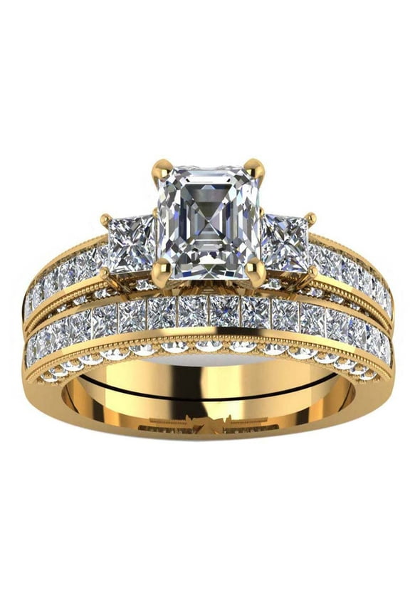 GY Yellow Gold Plated Three-stone Womens Wedding Ring Sets Bridal Sets 1.5 Cz Engagement Ring Wedding Bands