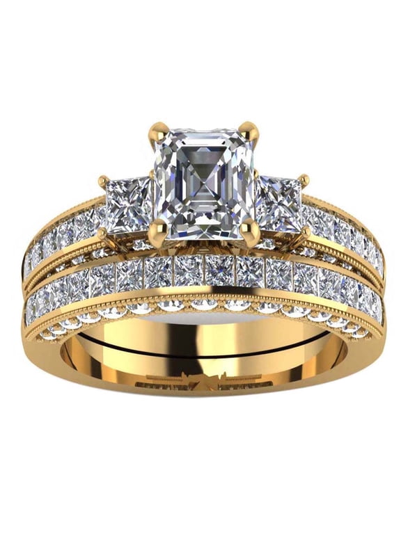 GY Yellow Gold Plated Three-stone Womens Wedding Ring Sets Bridal Sets 1.5 Cz Engagement Ring Wedding Bands