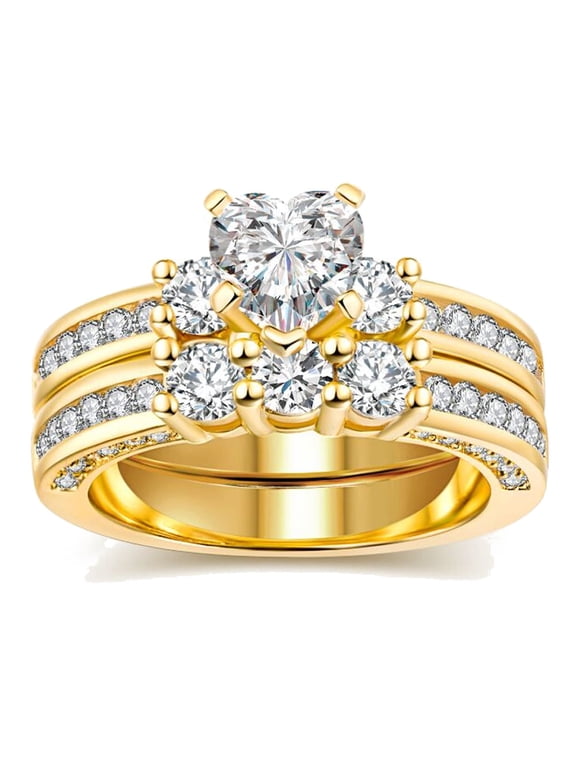 GY Yellow Gold Plated Three-stone Womens Wedding Ring Sets Bridal Sets Heart cut Cz Engagement Ring Wedding Bands