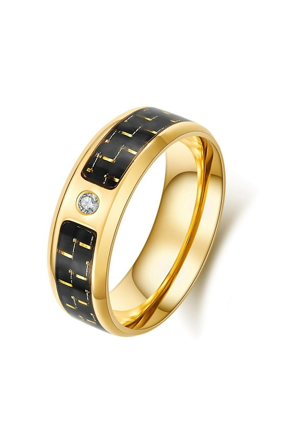 Yellow Gold Plated Titanium Steel Mens Ring Men Wedding Band Carbon fibre AAA CZ Man Ring
