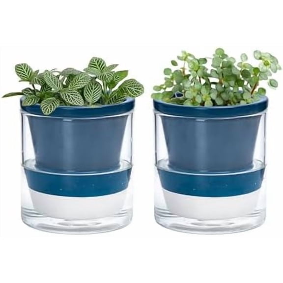 GYA 4 Inch Design Self Watering Planter for Indoor Plants, Blue Terracotta Pot with Cylinder Glass Cup, Set of 2, 37-Y-A-4