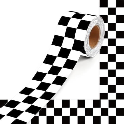 GYA 50 Feet Checkered Bulletin Board Borders, Black and White Checkered Flag Straight Bulletin Border Trim for Road Race Classroom Decor School Home Office Kindergarden Wall & Door Decor