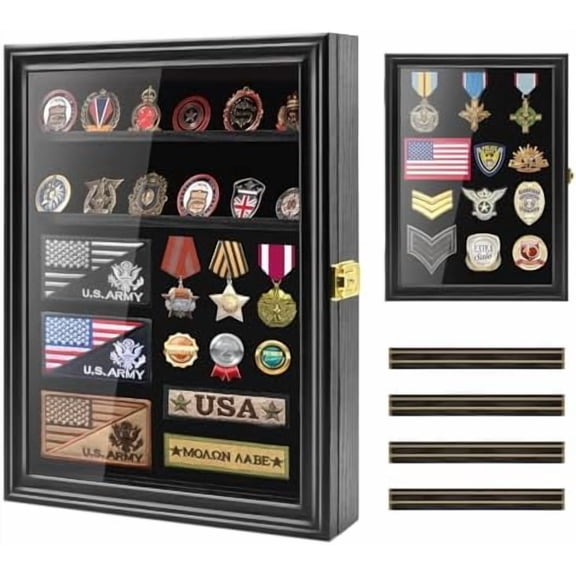 GYA Challenge Coin Display Case, Lockable Military Coin Holder Shadow Box with Removable Shelves, Wall Mounted Medal & Pin Cabinet with UV Protection Acrylic Door(Black)