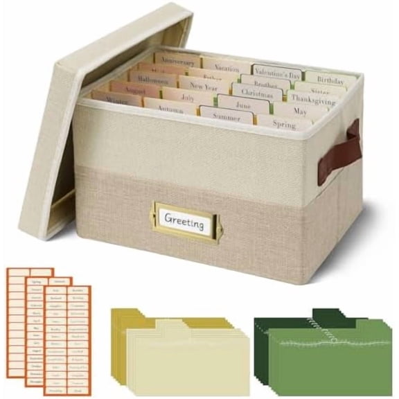 GYA Greeting Card Organizer Box with 20 Removable Dividers, 84 Labels, Foldable Storage Box Great for Greeting Cards, Photos, Envelopes, Stickers, Postcards, Beige&Khaki