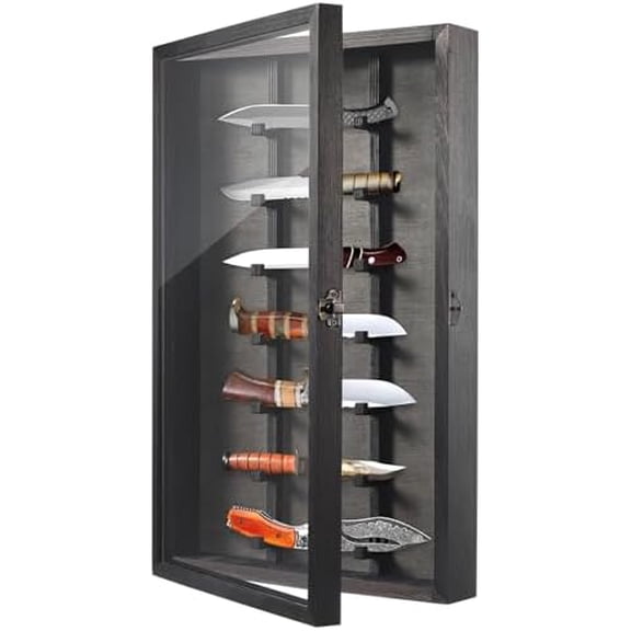 GYA Knife Display Case with Lockable Clear Acrylic Door, Wall Mount Wooden Knife Display Stand, Pocket Knife Display Cases for Storage, Collection, Holds up to 7 Knifes (Black)