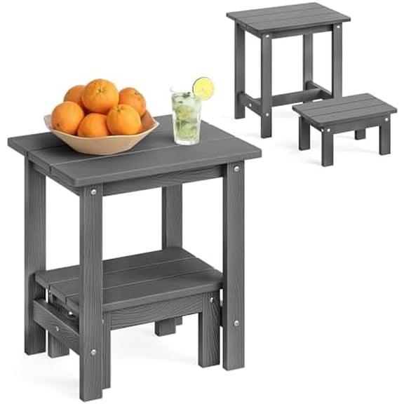 GYA Outdoor Side Table, 2-Tier HDPS Outdoor Nesting End Table with Removable Small Foot Stool for Patio, Deck, Poolside, Low Maintenance & Weather Resistant,Dark Gray