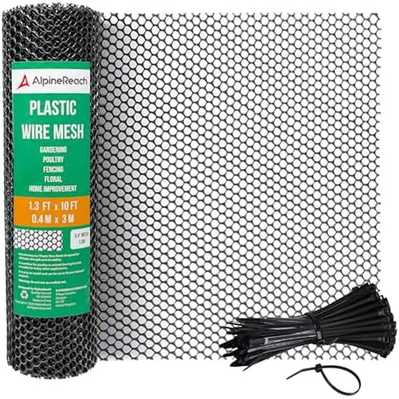 GYA Plastic Wire Mesh 1.3ft x 10ft Fence Roll with Zip Ties - Ideal for Poultry, Dogs, Rabbit Barrier & Gardening, Durable Chicken Mesh, Versatile Rigid Fencing & Netting, Black (15.7" x 120")