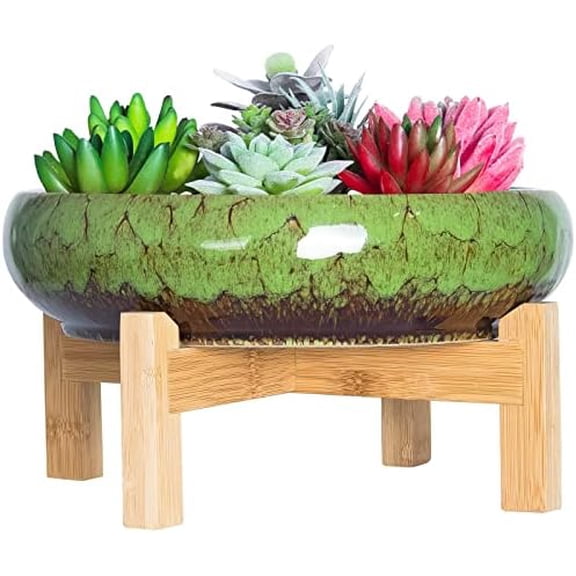 GYA Succulent Pot, 10 Inch Large Succulent Planter Pot with Stand, Ceramic Bonsai Pot with Mess Drainage Screen Shallow Cactus Flower Pot for Indoor/Outdoor Plants