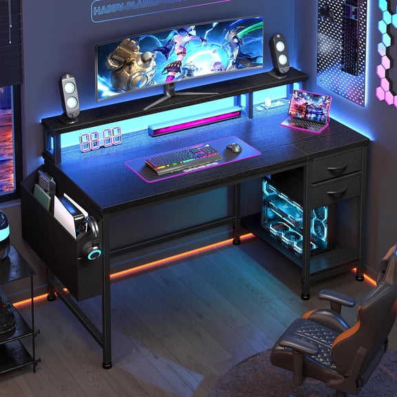 GYCSHOP 40" Gaming Desk w/ Drawers, Storage Bag, Power Outlets, LED Lights, Monitor Stand - Black Computer Office Desk for Small Spaces