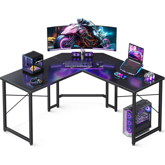 GYCSHOP 51" L-Shaped Gaming Desk, Carbon Fiber Corner Computer Table for Home Office, Sturdy Writing Workstation, Easy Assembly, Black