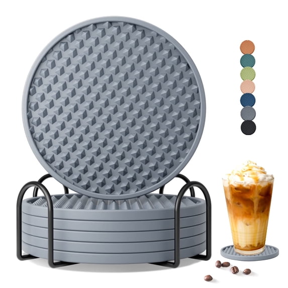 GYDEK Drink Coasters Set of 6 with Holder, Silicone Coasters Tabletop Protection for Any Table Type, Wood, Stone Tables, Dishwasher Safe, Coasters for Drinks Fits Any Size of Drinking Glasses Gray