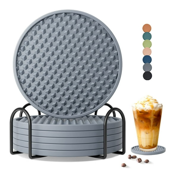 GYDEK Drink Coasters Set of 6 with Holder, Silicone Coasters Tabletop Protection for Any Table Type, Wood, Stone Tables, Dishwasher Safe, Coasters for Drinks Fits Any Size of Drinking Glasses Gray