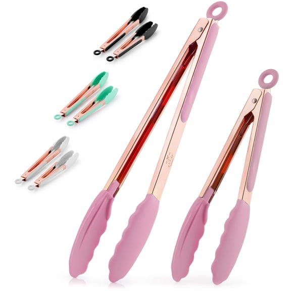 GYDEK Kitchen 2 Pack 9" & 12" Tongs with Silicone Tips - Stainless Steel - Rose Gold - Pink