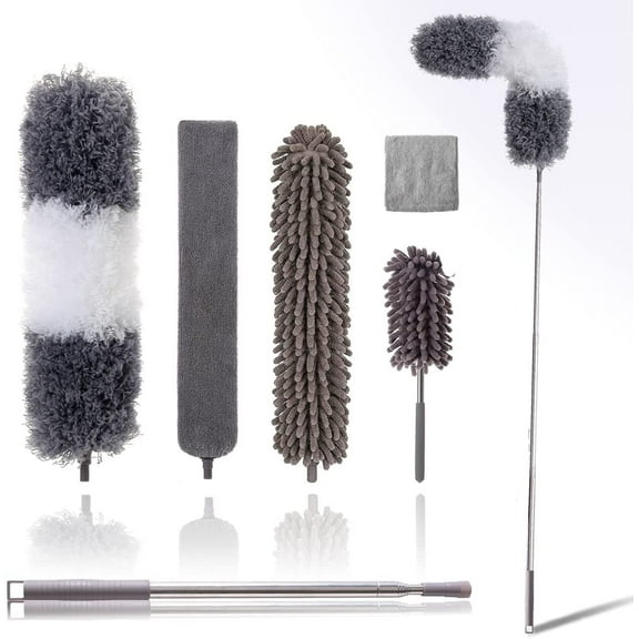 GYDEK Microfiber Duster Kit for High Ceiling (6pcs), Extendable Dusters for Cleaning with 100" Extension Pole, Long Microfiber Feather Duster for Ceiling Fan/Car, Gray
